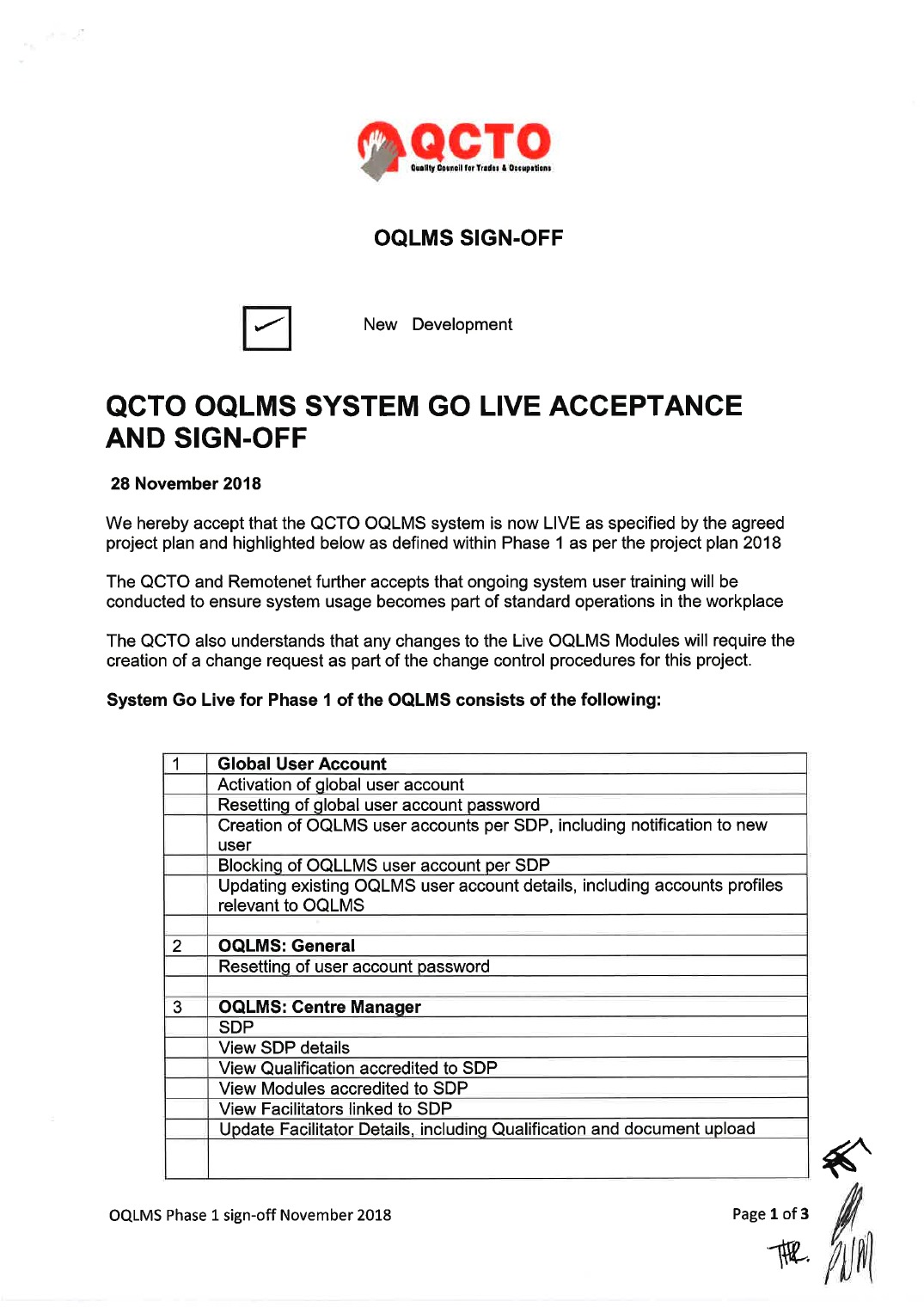 Signed OQLMS Phase 1 go-live acceptance page
